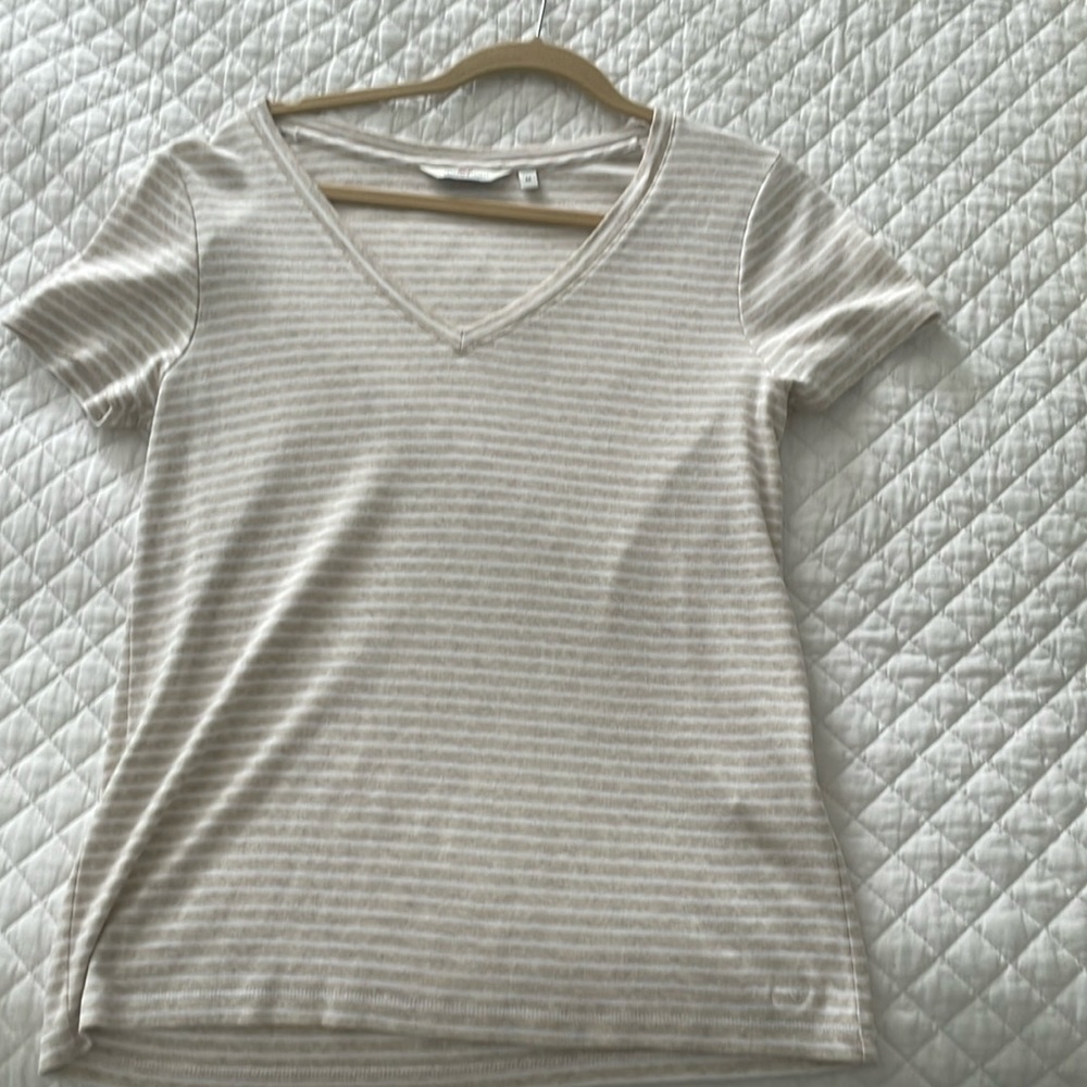 Vineyard Vines Shirt V Neck Striped Neutral Beige White Womens M